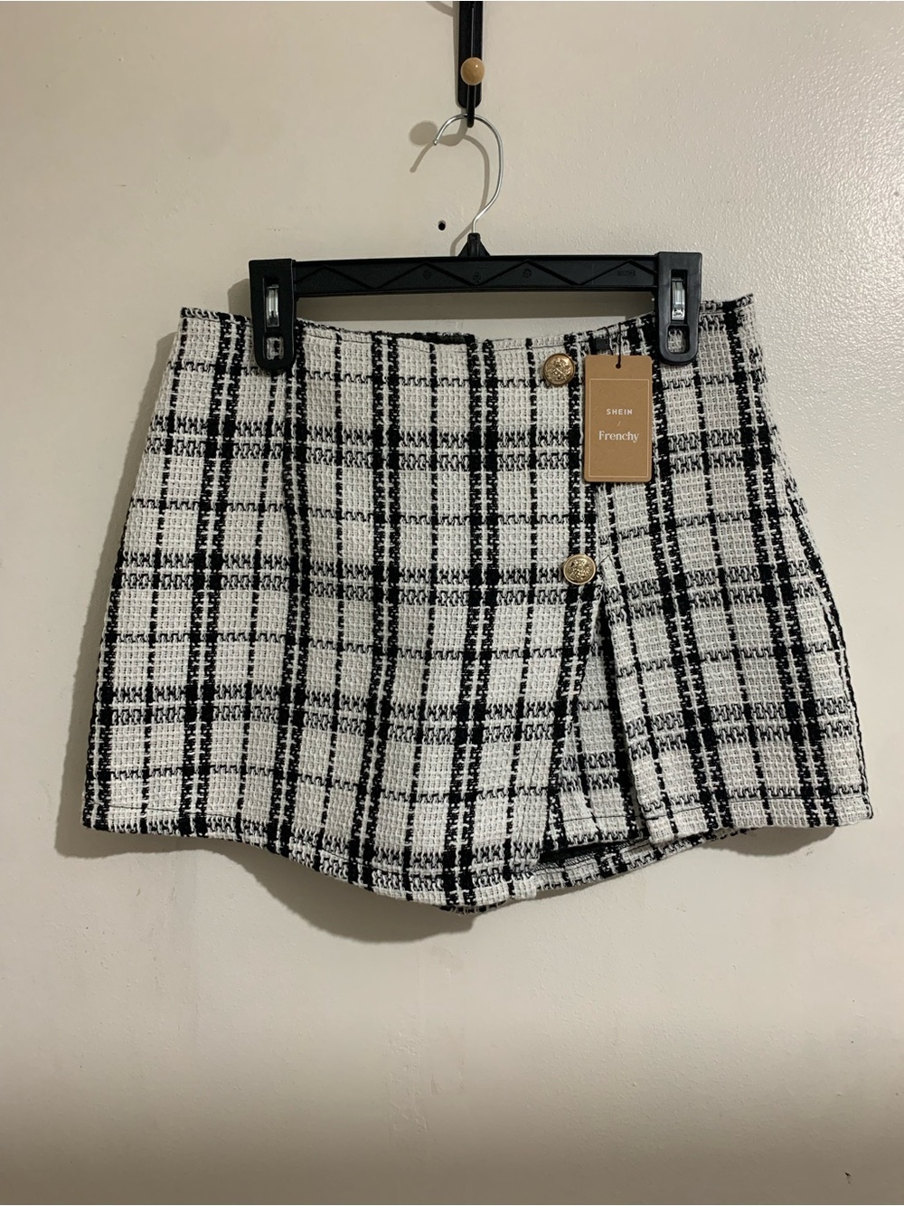 SHEIN Black & White Plaid Tweed Wrap Mini Skort